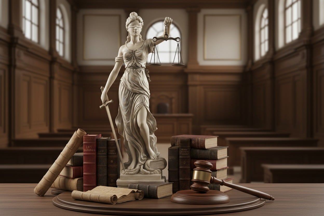Ahşap bir masa üzerinde duran adalet tanrıçası Themis heykeli, kitaplar ve bir hakim tokmağı, arka planda ise ahşap kaplamalı bir mahkeme salonu görülüyor.